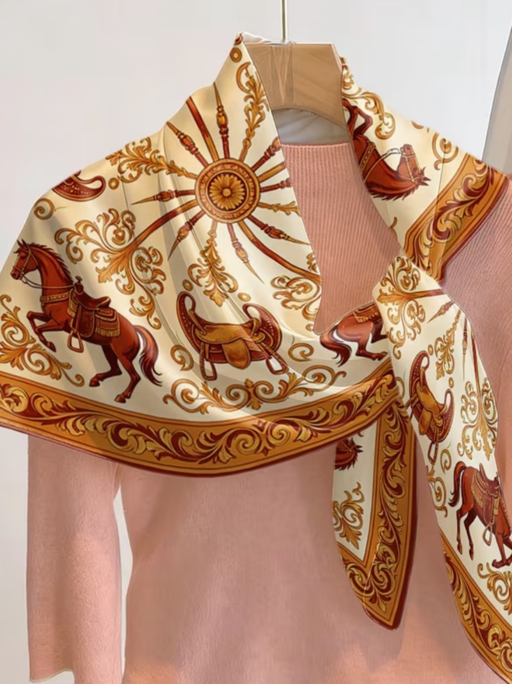 Equestrian Print Silk-Feel Scarf in Cream and Brown 27.5”